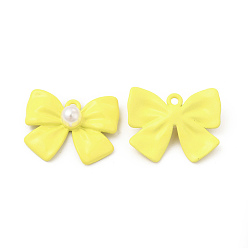Yellow Rack Plating Alloy with ABS Plastic Imitation Pearl Pendants, Spray Painted Bowknot Charms, Cadmium Free & Nickel Free & Lead Free, Yellow, 17.5x22x6mm, Hole: 1.6mm