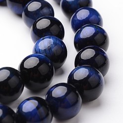 Prussian Blue Round Natural Tiger Eye Bead Strands, Dyed, Prussian Blue, 10mm, hole: 1mm, about 38~39pcs/strand, 15 inch
