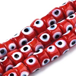 Red Handmade Evil Eye Lampwork Beads Strands, Column, Red, 8.5x6~7mm, Hole: 2mm, about 53~56pcs/strand, 13.78 inch~14.17 inch(35cm~36cm)