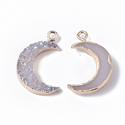 Gainsboro Druzy Resin Pendants, with Edge Light Gold Plated Iron Loops, AB Color Plated, Moon, Gainsboro, 23~24x15.5x5mm, Hole: 1.8mm