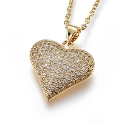 Golden 304 Stainless Steel Pendant Necklaces, with Cubic Zirconia, Heart, Clear, Golden, 17.71 inch(45cm)