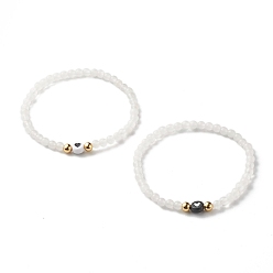 White Natural White Jade Round Beads Stretch Bracelet Set, Heart Acrylic & 304 Stainless Steel Beads Bracelet, Golden, White, Inner Diameter: 2-1/4 inch(5.6cm), 2pcs/set