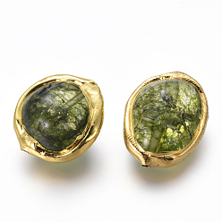 Gris Oliva Cuentas de cristal de cuarzo natural teñidas, con fornituras de latón, pepitas, dorado, verde oliva, 20~28x17~19x11~16 mm, agujero: 1.2 mm