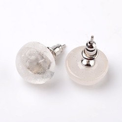 Cristal de Quartz Demi-dôme rond cristal naturel boucles d'oreille, avec les accessoires en laiton plaqués de platine, 18 mm, broches: 0.8 mm