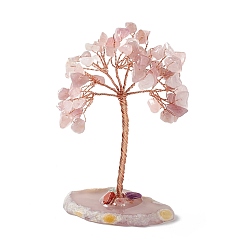 Quartz Rose Copeaux de quartz rose naturel et agate naturelle avec décorations d'affichage de socle en pierre mélangée, avec fils de laiton plaqué or rose, arbre chanceux, 31~42x60~68x100~104mm