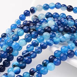 Bleu Agate à rayures naturelles / perles d'agate à bandes, teint, ronde, bleu, taille: environ 6mm de diamètre, Trou: 1mm, 63 pcs / chapelet, 15.5 pouce