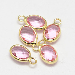 Flamingo Oval Faceted Golden Tone Brass Glass Charms, Flamingo, 12x7x3.5mm, Hole: 1mm