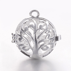 Серебро Латунные подвески с ажурной резьбой, для ожерелья, полый круглый с деревом жизни, серебряный цвет гальваническим, 17x17.5x15 мм, отверстия: 1 mm, Внутренний диаметр: 11.5 mm