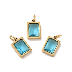 Dark Turquoise Vacuum Plating 304 Stainless Steel Pendants, with Cubic Zirconia and Jump Rings, Single Stone Charms, Rectangle, Golden, Dark Turquoise, 11.5x8x3.5mm, Hole: 3.6mm