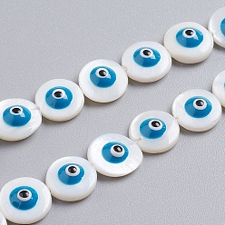Bleu Dodger Chapelets de perles de coquillage naturel, avec l'émail, rond et plat avec des mauvais œil, Dodger bleu, 10x4mm, Trou: 0.6mm, Environ 39 pcs/chapelet, 15.75 pouce (40 cm)