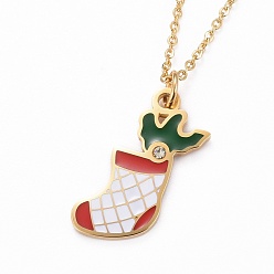 Golden Ion Plating(IP) 304 Stainless Steel Pendant Necklaces, for Christmas, with Enamel and Rhinestone, Christmas Stocking, Colorful, Golden, 19-3/4 inch(50cm)