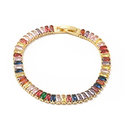 Colorful Cubic Zirconia Tennis Bracelets, Rack Plating Brass Jewelry with Fold Over Clasp for Women, Lead Free & Cadmium Free, Long-Lasting Plated, Real 18K Gold Plated, Colorful, 7-1/2 inch(18.9cm)