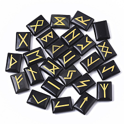 Obsidian Natural Obsidian Cabochons, Divination Stone, Rectangle with Runes/Futhark/Futhorc, 20x15x6.5mm, 25pcs/et