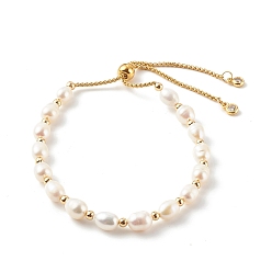 Blanco Pulseras deslizantes de perlas naturales de arroz, pulseras de bolo, con 304 cadenas de caja de acero inoxidable, dorado, blanco, diámetro interior: 1-7/8~3-1/8 pulgada (4.8~7.8 cm)