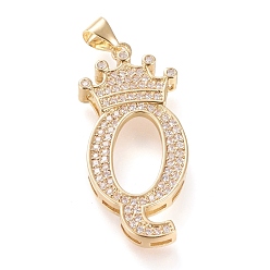 Letter Q Brass Micro Pave Cubic Zirconia Pendants, Long-Lasting Plated, with Snap on Bail, Letter.Q with Crown, Real 18K Gold Plated, Clear, Letter.Q, Q: 33.5x14.5x4mm, Hole: 3x4mm