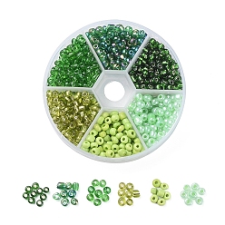 Vert 6/0 perles de rocaille de verre, argent doublé et trans. couleurs arc-en-ciel et couleurs transparentes et opaques et ceylon, ronde, verte, 6/0, 4mm, trou: 1~1.5 mm, 60 g / boîte, environ 600 pièces / boîte