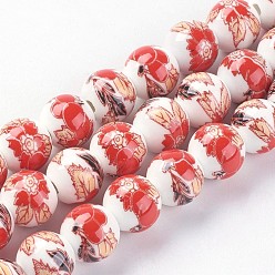 FireBrick Handmade Flower Printed Porcelain Ceramic Beads Strands, Round, FireBrick, 10mm, Hole: 2mm, 35pcs/strand, 12.9 inch~13.3 inch(33~34cm)