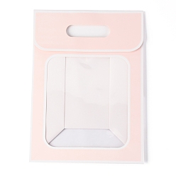 Pink Прямоугольные бумажные пакеты, перевернуть бумажный пакет, с ручкой и пластиковым окном, розовые, 30x21.5x13 см