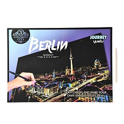 Building Scratch Rainbow Painting Art Paper, DIY Night View of the City, with Paper Card and Sticks, Building Pattern, 40.5x28.4x0.05cm
