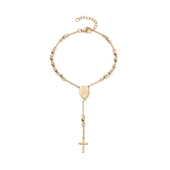 Oro Pulseras de cuentas del rosario con la cruz, 304 pulsera de acero inoxidable para la Pascua, oval con virgen maría, dorado, 9 pulgada (230 mm)