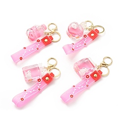Perlas de Color Rosa Llavero de botella de acrílico lleno de líquido creativo flotante, lindo llavero de conejo de dibujos animados, con fornituras de aleación, rosa perla, 20.4~22.2 cm