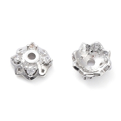 Real Platinum Plated Brass with Clear Cubic Zirconia Bead Caps, 4-Petal Flower, Real Platinum Plated, 6.5x2.5mm, Hole: 1~1.2mm