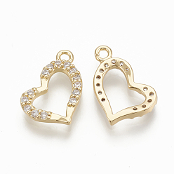 Golden Brass Micro Pave Cubic Zirconia Charms, Heart, Nickel Free, Golden, 8x12.5x1.5mm, Hole: 1mm