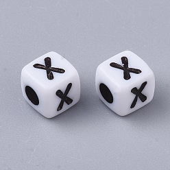 Letter X White Opaque Acrylic Beads, Horizontal Hole, Cube with Black Alphabet, Letter.X, 4~5x4~5x4~5mm, Hole: 1.8mm, about 6470~6500pcs/500g