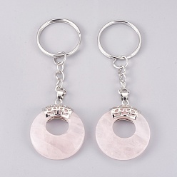 Quartz Rose Porte-clés quartz rose naturel, avec porte-clés en fer plaqué platine et découvertes en laiton, plat rond, 84mm