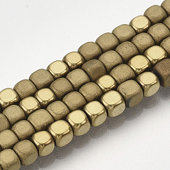 Golden Plated Electroplate Non-magnetic Synthetic Hematite Bead Strands, with Matte Style, Cube, Golden Plated, 3x3x3mm, Hole: 1mm, about 142pcs/strand, 15.7 inch