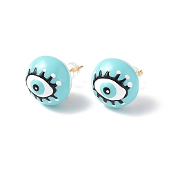 Cyan Natural Shell Eye Stud Earrings with Enamel, Real 18K Gold Plated Brass Jewelry for Women, Cyan, 15mm, Pin: 0.8mm