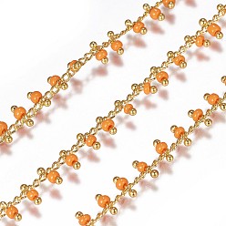 Orange Foncé Chaînes perlées à la main, soudé, avec bobine, avec de véritables 18 k pièces en laiton plaqué or, orange foncé, 1.8~2.5mm, environ 32.8 pieds (10 m)/rouleau