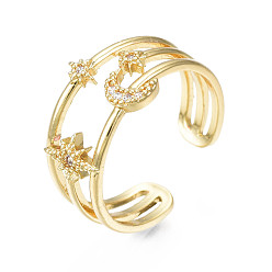 Настоящее золото 18K Кольцо-манжета со сверкающим кубическим цирконием в виде луны и звезды, открытое кольцо из латунной проволоки для женщин, без никеля , реальный 18 k позолоченный, размер США 7 3/4 (17.9 мм)