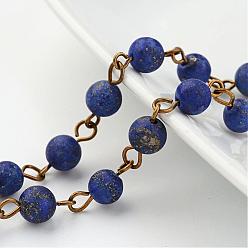 Lapis Lazuli Handmade Natural Lapis Lazuli Beaded Chains, Unwelded, with Brass Eye Pin, Antique Bronze, 39.3 inch
