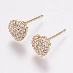Golden Brass Micro Pave Cubic Zirconia Stud Earrings, with Ear Nuts, Heart, Golden, 7.5x9x4mm, Pin: 0.9mm