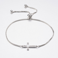 Platine Bracelets bolo réglables en laiton, bracelets de slider, avec zircone et chaînes, croix, platine, 10-1/4 pouces (260 mm)