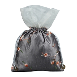 Gris Bolsas de flores con bordado de seda, bolsa con cordón, Rectángulo, gris, 25x16 cm