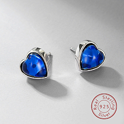 Bleu Rhodié 925 boucles d'oreilles coeur en argent sterling, avec zircons, bleu, 9x9mm