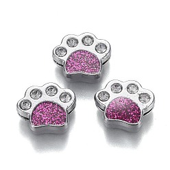 Deep Pink Alloy Enamel Slide Charms, and Crystal Rhinestone, with Glitter Sequin, Platinum Plated, Dog Paw Print, Deep Pink, 12.5x14.5x5mm, Hole: 8.5x1.5mm