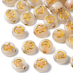 Golden Plated Luminous Acrylic Beads, Metal Enlaced, Horizontal Hole, Glow in the Dark, Flat Round with Mixed Pattern, Golden Plated, 7x3.5mm, Hole: 1.2mm, about 3600pcs/500g