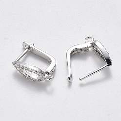 Real Platinum Plated Brass Micro Pave Cubic Zirconia Hoop Earring Findings with Latch Back Closure, Nickel Free, with Horizontal Loop, Teardrop, Real Platinum Plated, 15x5x11mm, Hole: 1.2mm, Pin: 1mm