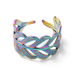 Rainbow Color Chapado en iones (ip) 304 anillo de puño abierto de rama frondosa de acero inoxidable para mujer, color del arco iris, diámetro interior: 17 mm