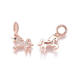 Rose Gold Brass Micro Pave Clear Cubic Zirconia European Dangle Charms, Large Hole Pendants, Unicorn, Rose Gold, 22.5mm, Hole: 4.5mm, Unicorn: 16x12.5x3mm