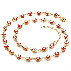Rouge Collier chaîne à maillons en émail mauvais œil, collier en acier inoxydable doré, rouge, 17.72 pouce (45 cm)