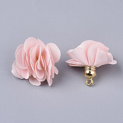 Pink Décorations de pendentif en tissu, avec les accessoires acryliques, fleur, rose, 25~30x28~35mm, Trou: 2mm