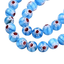 Deep Sky Blue Handmade Millefiori Glass Beads Strands, Round with Flower Pattern, Deep Sky Blue, 10mm, Hole: 1.2mm, about 36~38pcs/strand, 13.78 inch~14.88 inch(35cm~37.8cm)