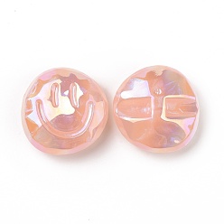 Saumon Clair Perles acryliques placage irisé arc-en-ciel, perles de paillettes, plat rond avec motif de visage souriant, saumon clair, 32x32x14.5mm, Trou: 3.5mm