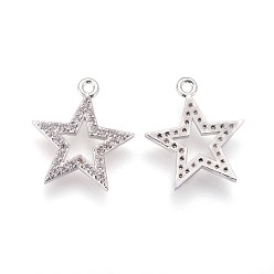 Platinum Brass Micro Pave Cubic Zirconia Pendants, Long-Lasting Plated, Star, Clear, Platinum, 17x15x2mm, Hole: 1.4mm