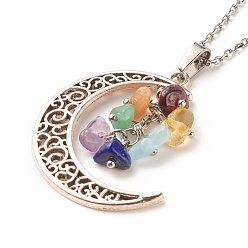 Mixed Stone Natural Mixed Gemstone Chips Cluster with Moon Pendant Necklace, 304 Stainless Steel Jewelry for Women, Antique Silver, 17.32 inch(44cm)