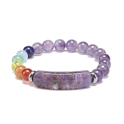 Amethyst Natural Amethyst Rectangle & Mixed Stone Beaded Stretch Bracelet, Chakra Yoga Jewelry for Women, Inner Diameter: 2-1/8 inch(5.5cm)